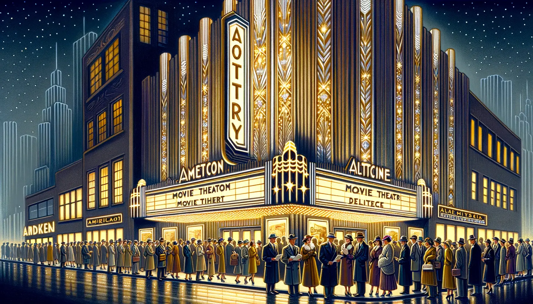 This is an image of an art deco theater with lots of people ready to go inside. It's exciting to look forward to a new movie, don't you think?